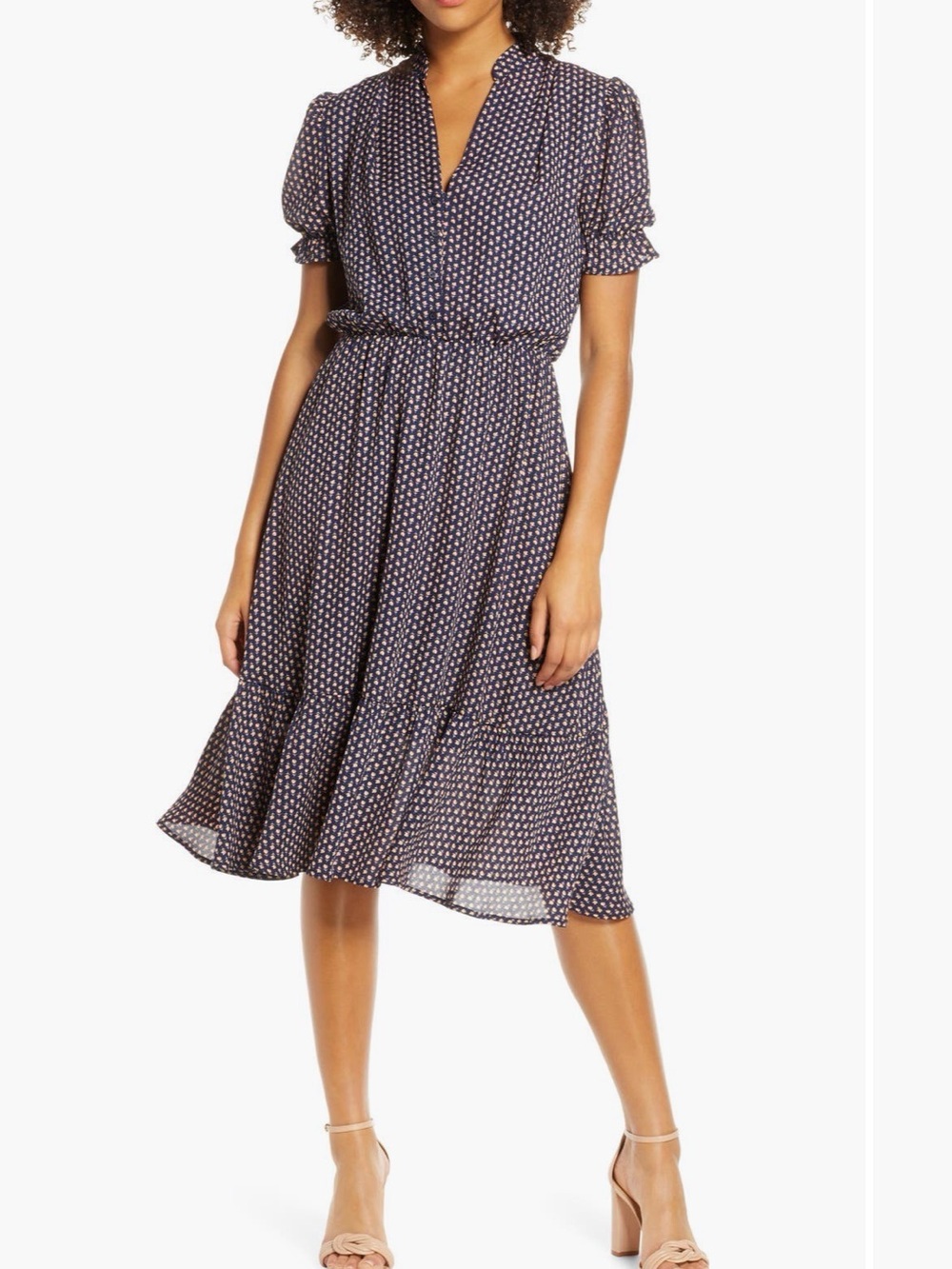 Nordstrom Navy Midi Dress with Pink Floral Print
